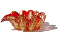 Barovier Toso Murano Red Gold Flecks Bubbles Italian Art Glass Ashtray Bowl
