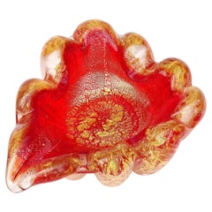 Barovier Toso Murano Red Gold Flecks Bubbles Italian Art Glass Ashtray Bowl