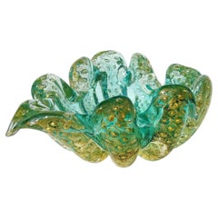 Barovier Toso Murano Green Gold Flecks Bubbles Italian Art Glass Ashtray Bowl