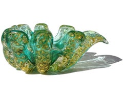 Barovier Toso Murano Green Gold Flecks Bubbles Italian Art Glass Ashtray Bowl