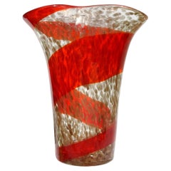 Fratelli Toso Murano Red Orange Aventurine Flecks Italian Art Glass Flower Vase