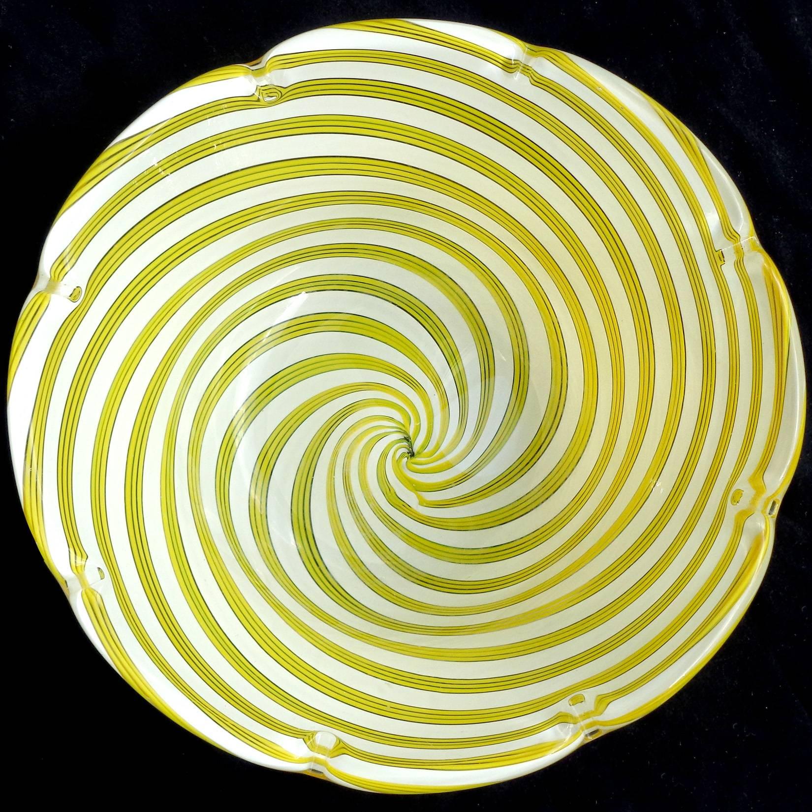 Mid-Century Modern Dino Martens Aureliano Toso Murano Yellow White Italian Art Glass Bowl