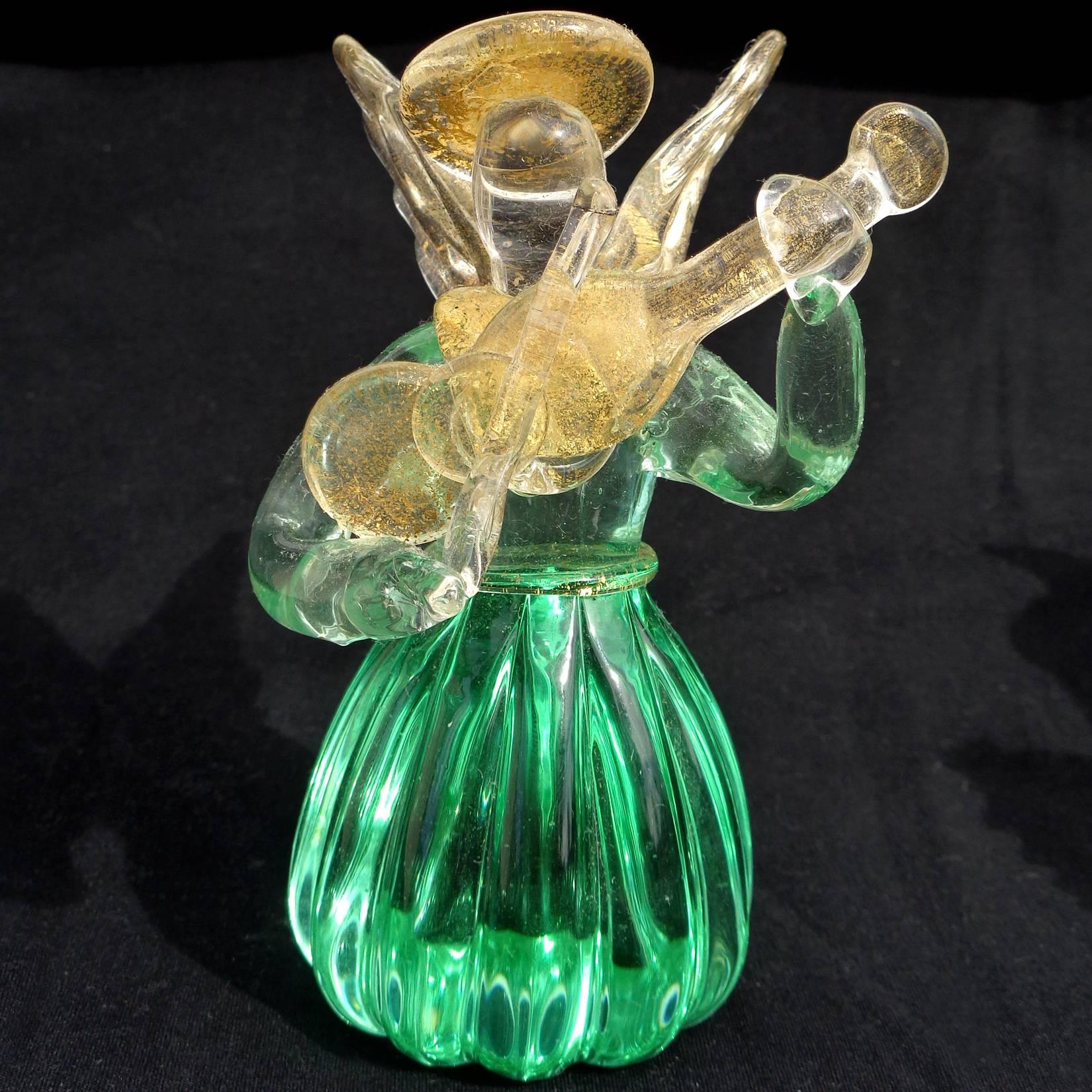 Art Deco Murano Green Gold Italian Art Glass Angel Musical Quartet Figurine Set