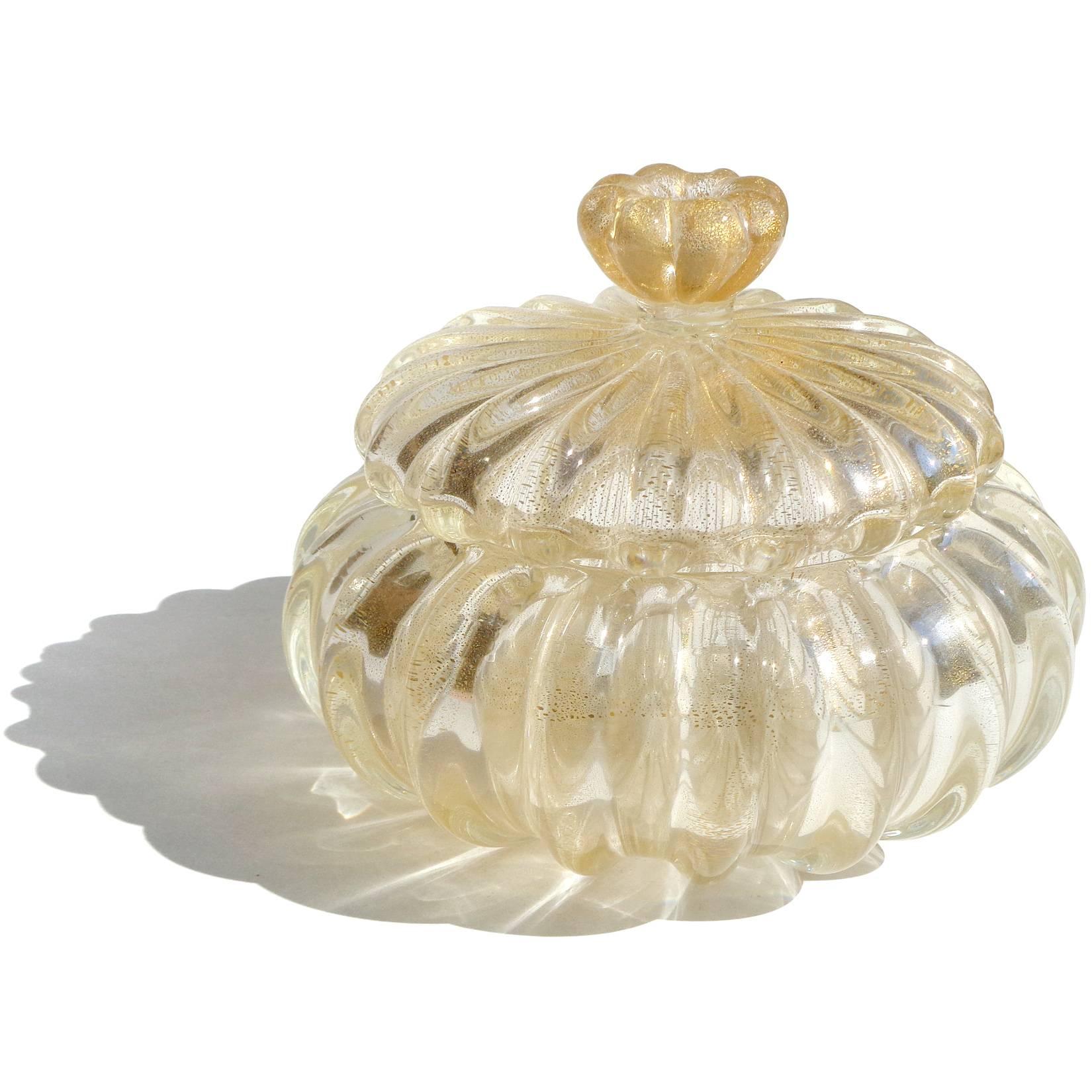 Free shipping worldwide! See details below description.

Elegant Murano handblown gold flecks with applied white flower art glass vanity jewelry / powder box. Attributed to designer Archimede Seguso. The entire piece is profusely covered in gold