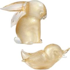 Archimede Seguso Murano White Gold Flecks Italian Art Glass Rabbit Bird Figures 9