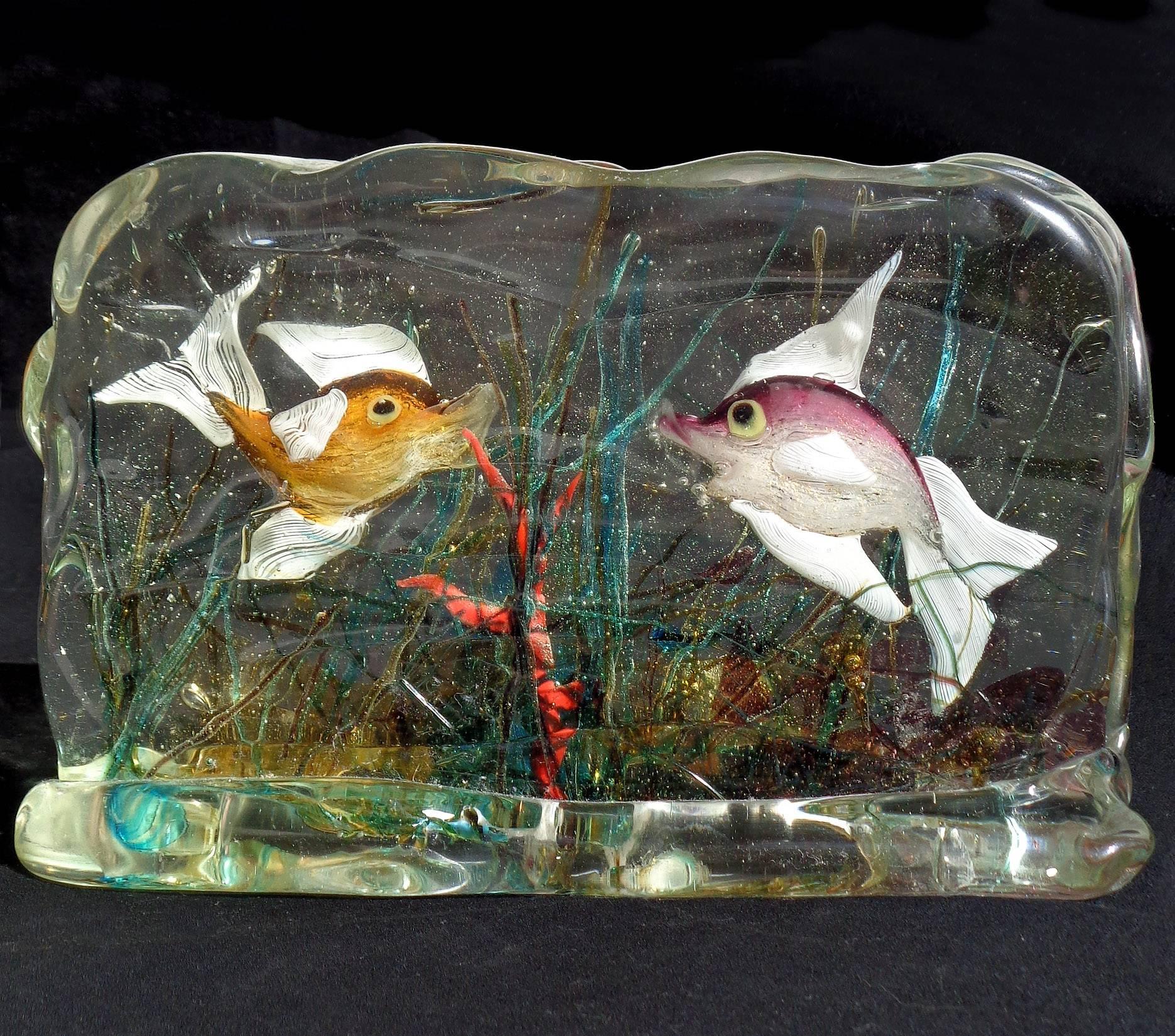 Mid-Century Modern Cenedese Murano Orange Purple Gold Fish Italian Art Glass Aquarium Block