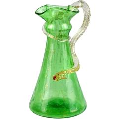 Salviati Venetian Green Gold Flecks Sea Serpent Italian Art Glass Vase 2