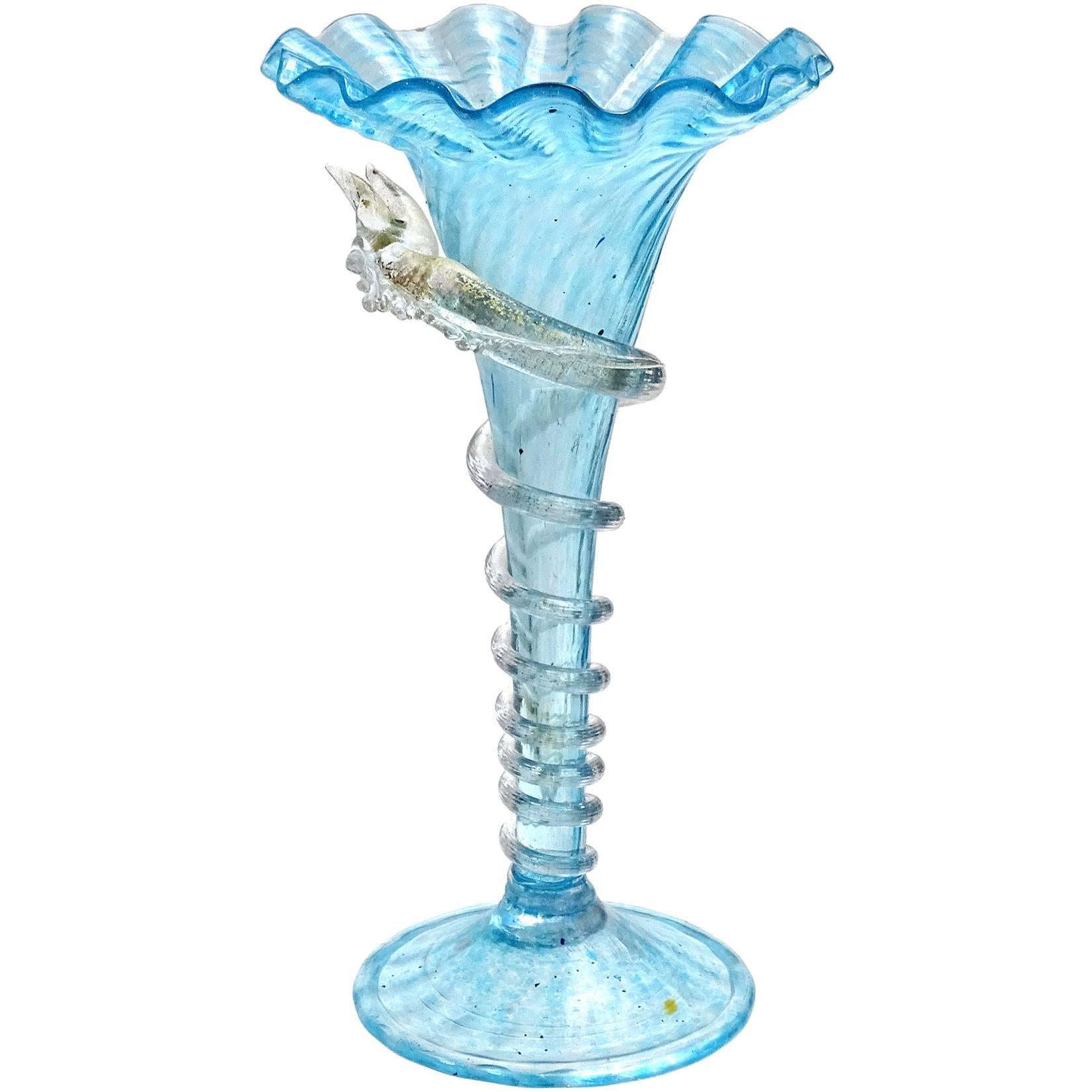 Salviati Venetian Blue Gold Flecks Sea Serpent Dragon Italian Art Glass Vase