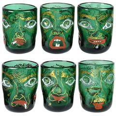 Anzolo Fuga Murano Grotesque Enamel Four Face Italian Art Glass Cups Set