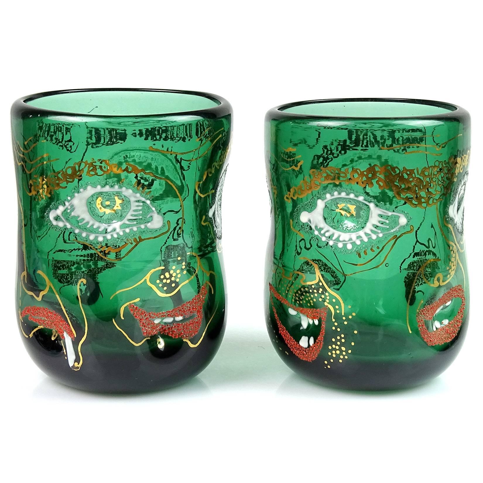 Free shipping worldwide! See details below description.

Very rare set of six Murano handblown dark green Italian art glass drinking glasses with enamel and gold gilt 