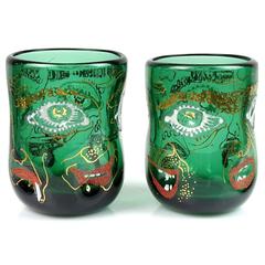 Anzolo Fuga Murano Grotesque Enamel Four Face Italian Art Glass Cups Set