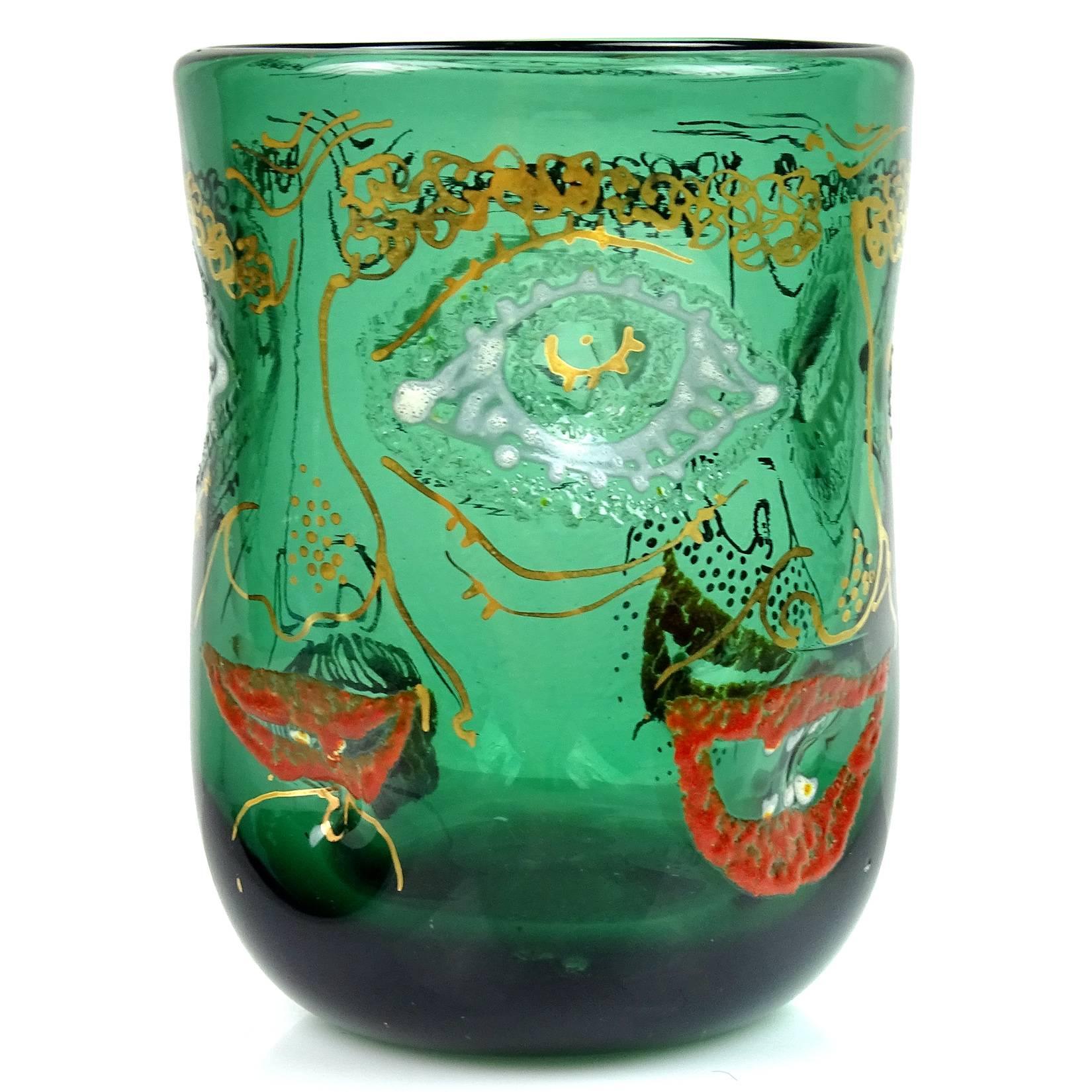 Anzolo Fuga Murano Grotesque Enamel Four Face Italian Art Glass Cups Set 2