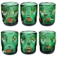 Vintage Anzolo Fuga Murano Grotesque Enamel Four Face Italian Art Glass Cups Set