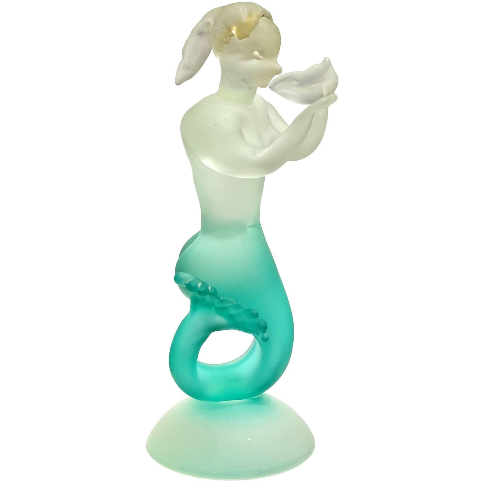 Murano Green Sommerso Satin Surface Italian Art Glass Mermaid Sculpture