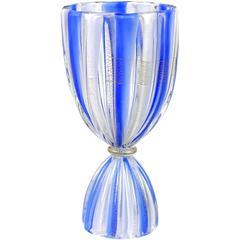 Salviati Murano Blue White Gold Flecks Corset Italian Art Glass Vase 6