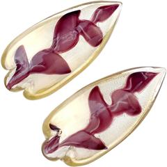 Ercole Barovier Murano Gold Flecks Purple Leafs Italian Art Glass Bowls 11