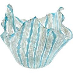 Fratelli Toso Murano Blue White Ribbons Italian Art Glass Fazzoletto Vase 8