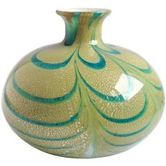 Franco Moretti Murano Silver Flecks Blue Swirl Italian Art Glass Flower Vase