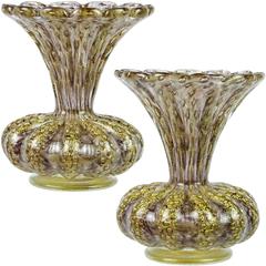 Barovier Toso Murano Purple Gold Flecks Italian Art Glass Flower Vases 11