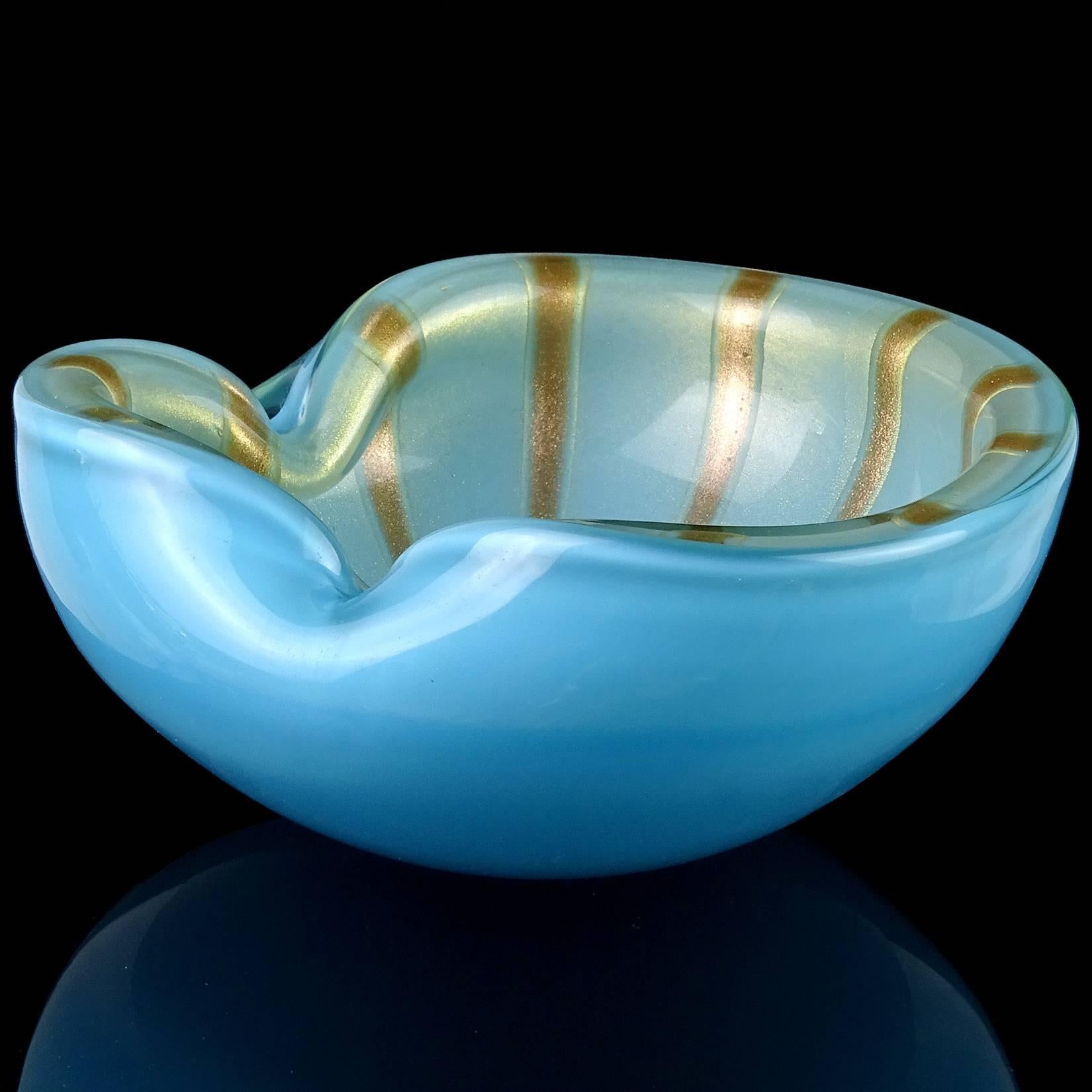 Space Age Alfredo Barbini Murano Blue Gold Aventurine Stripes Italian Art Glass Bowl