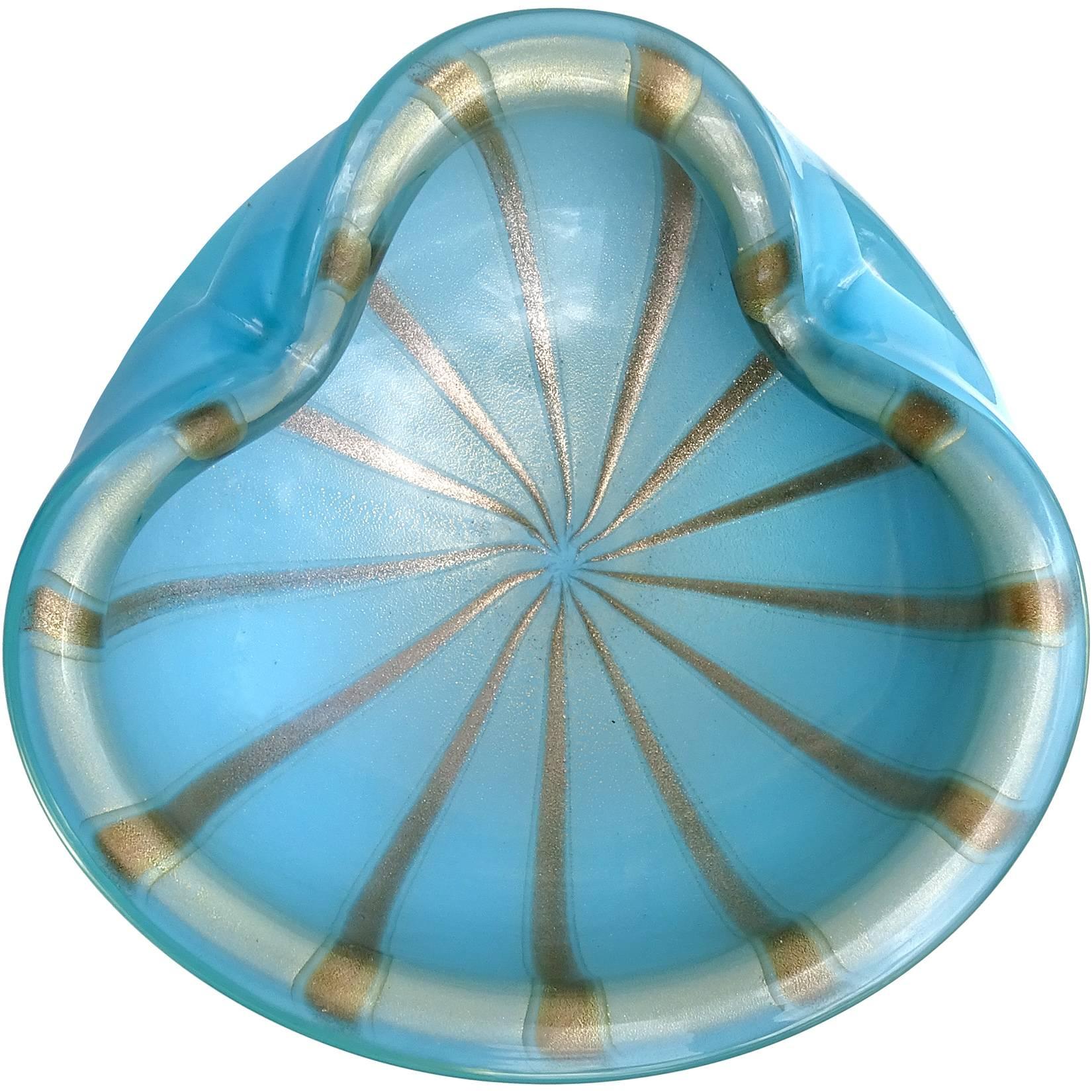 Alfredo Barbini Murano Blue Gold Aventurine Stripes Italian Art Glass Bowl