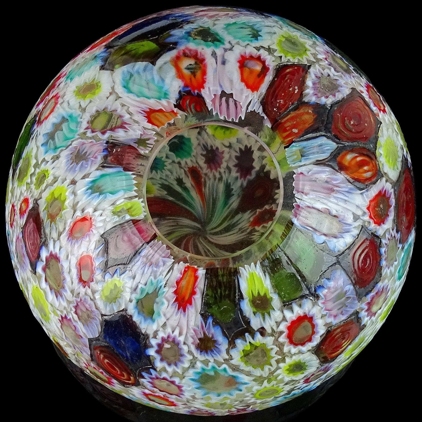 Hand-Crafted Fratelli Toso Murano Millefiori Flower Star Mosaic Italian Art Glass Flower Vase