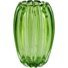 Alfredo Barbini Murano Sommerso Green Ribbed Italian Art Glass Flower Vase