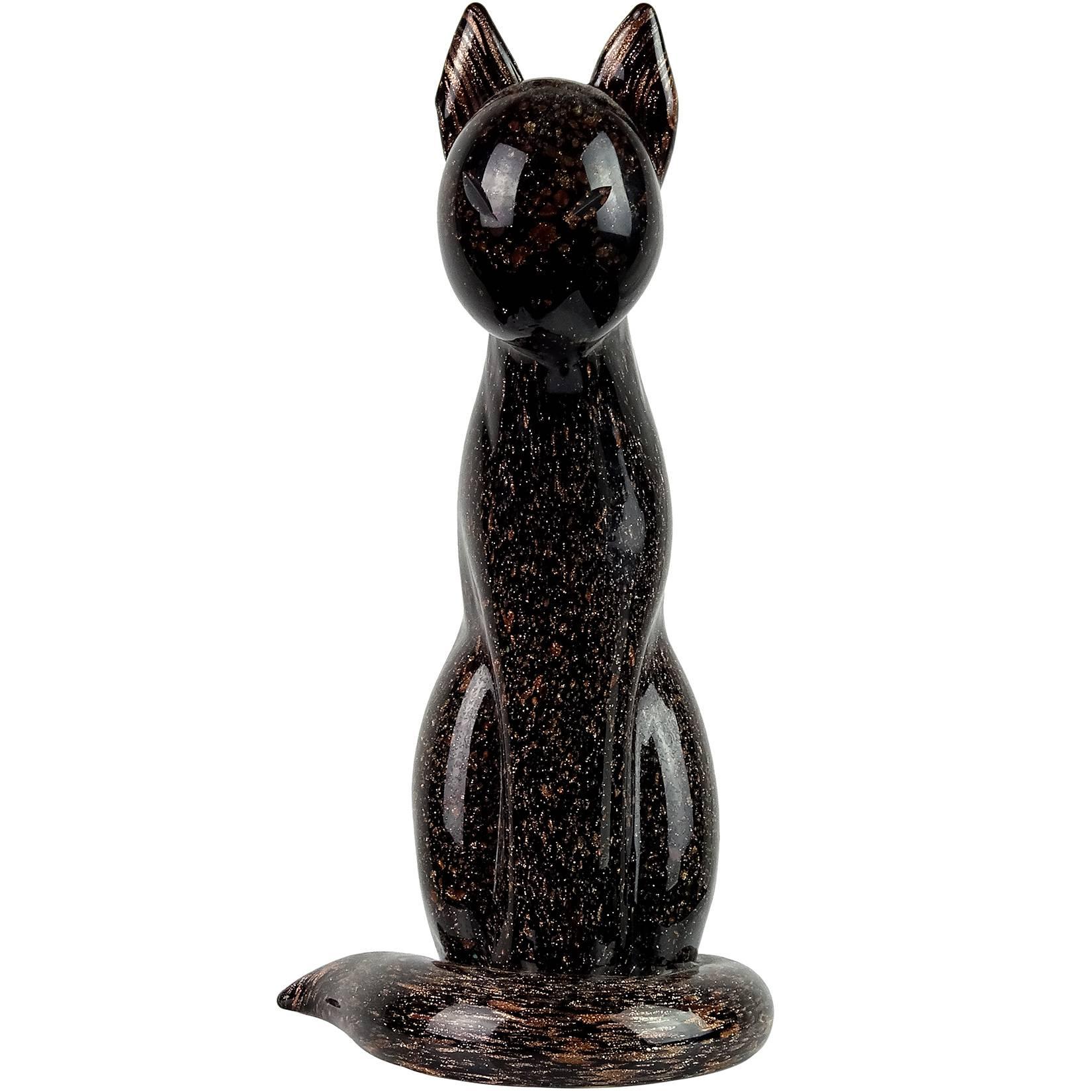 Archimede Seguso Murano Black Copper Flecks Italian Art Glass Cat Sculpture