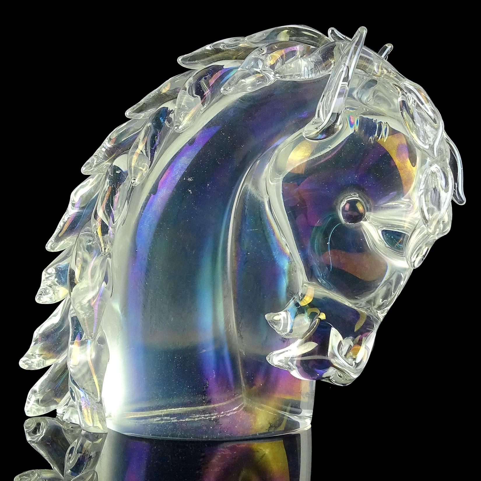 Beautiful Murano handblown crystal clear with iridescent surface Italian art glass horse head sculpture. Fully signed, and labelled by designer Archimede Seguso, circa 1960s. Signature is that from the artistic series. The horse has a double main,