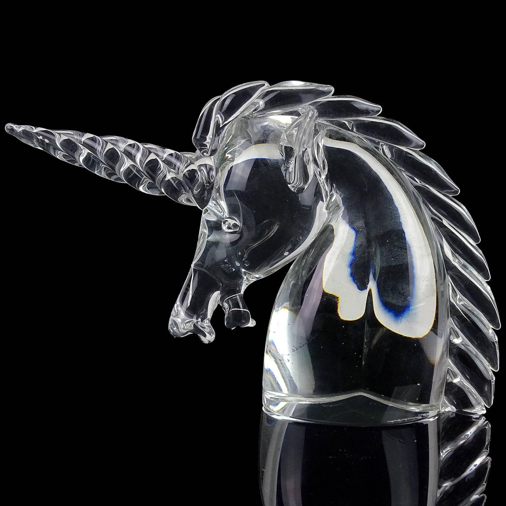 Beautiful Murano handblown crystal clear Italian art glass unicorn head sculpture. Fully signed by designer Archimede Seguso, circa 1960s. Signature is that from the artistic series. Measures: 9