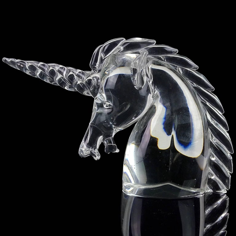 Archimede Seguso Murano Crystal Clear Italian Art Glass Unicorn Head Sculpture at 1stDibs
