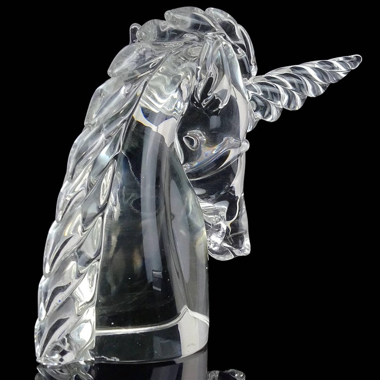 Archimede Seguso Murano Crystal Clear Italian Art Glass Unicorn Head Sculpture at 1stDibs