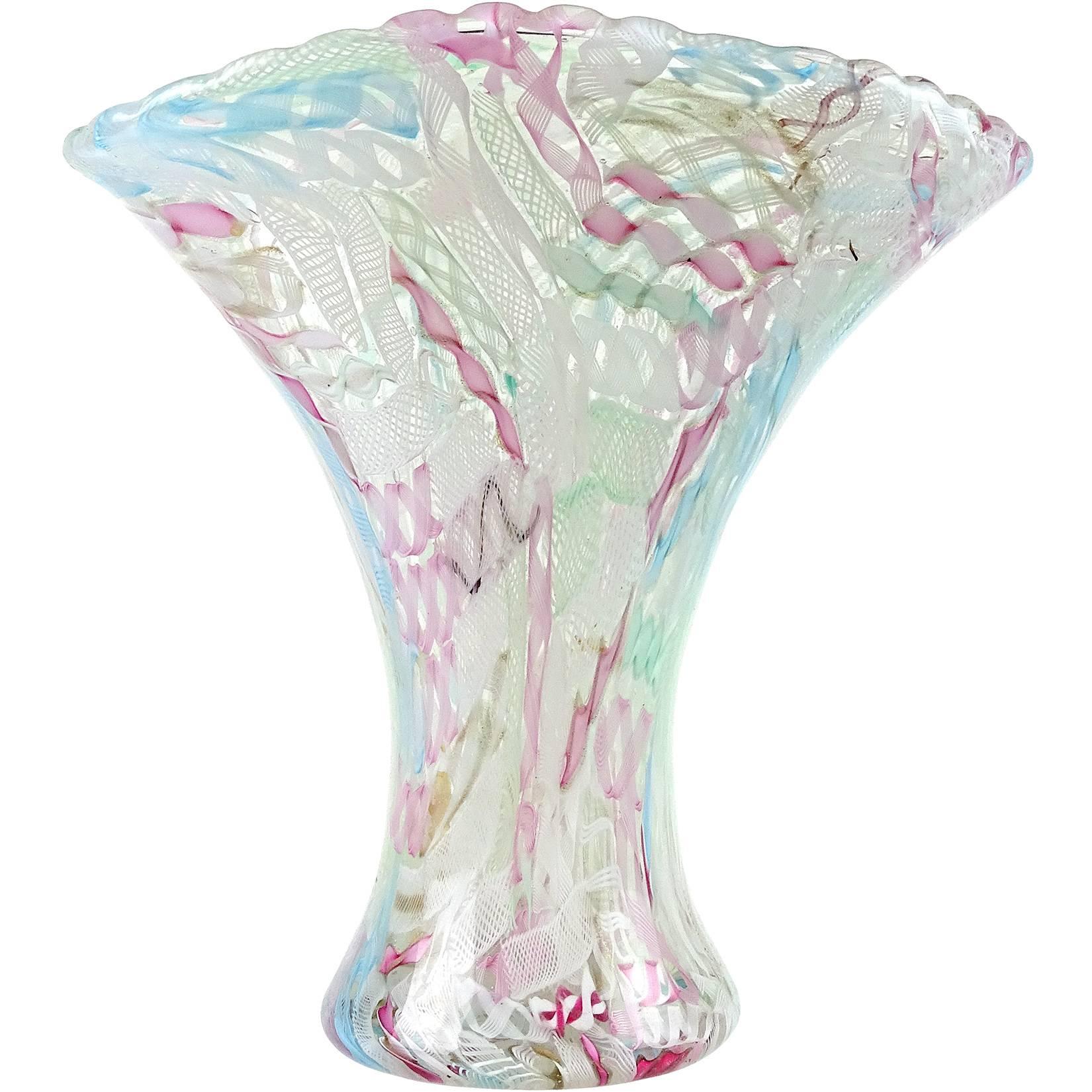 20th Century Murano Multi-Color Pastel Ribbons Italian Art Glass Shell Shaped Candleholders