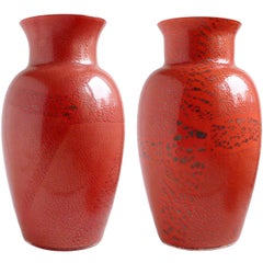 Large Murano Red Applied Heavy Silver Leaf Italian Art Glass Flower Vases