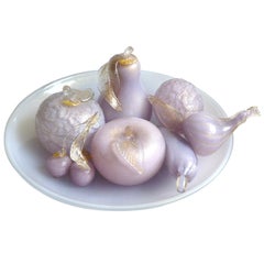 Vintage Alfredo Barbini Murano Purple Gold Flecks Italian Art Glass Fruit and Bowl Set