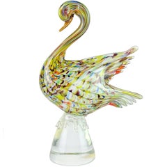 Colorful Murano Fenicio Pulled Feather Design Italian Art Glass Swan Sculptures