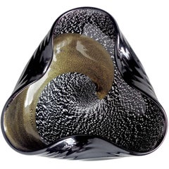 Murano Black Silver and Gold Flecks Ribbed Italian Art Glass Decorative Bowl
