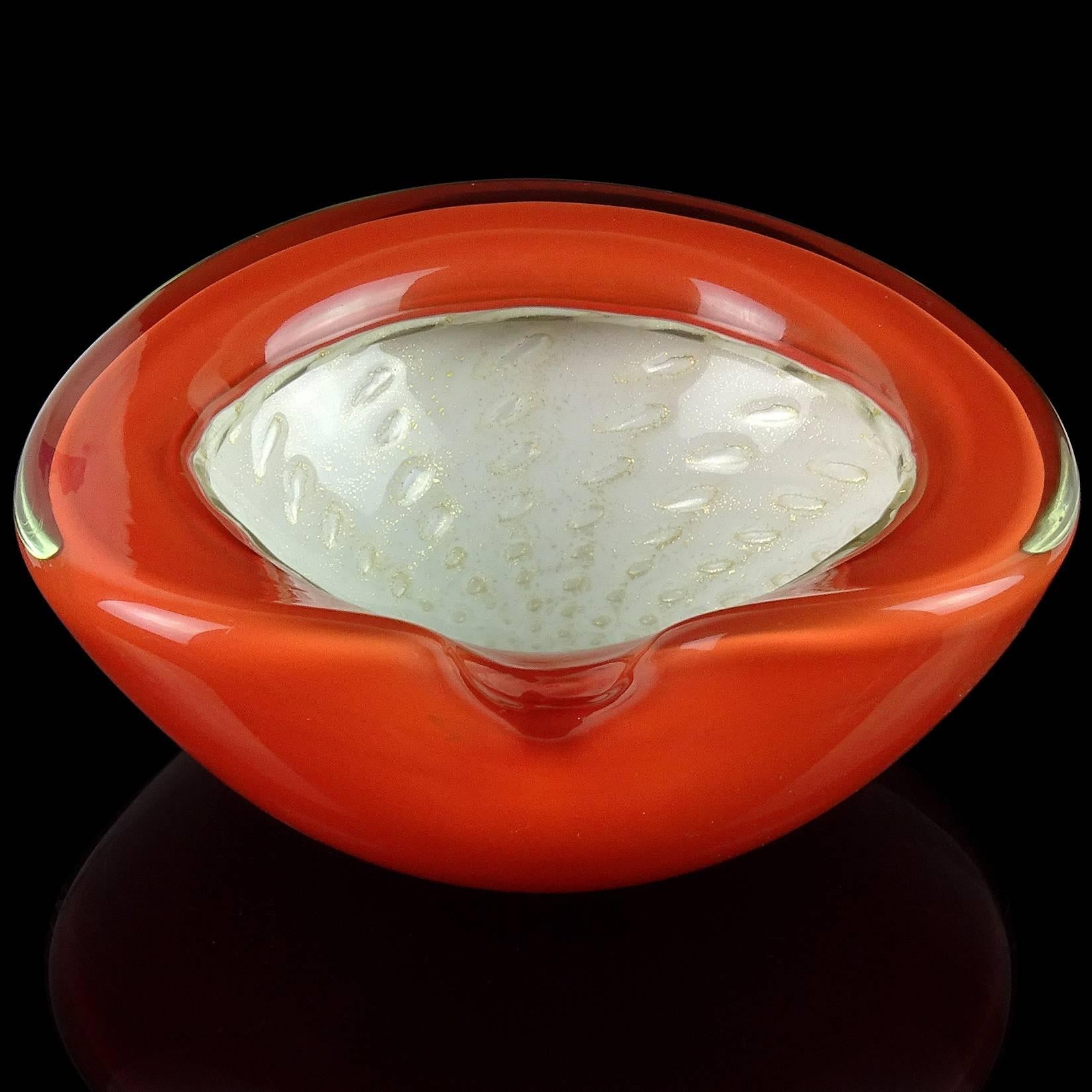 Hand-Crafted Alfredo Barbini Murano Orange White Gold Flecks Italian Art Glass Bowl Dish