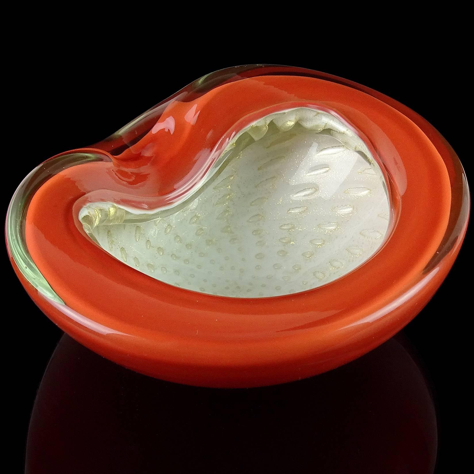 Mid-Century Modern Alfredo Barbini Murano Orange White Gold Flecks Italian Art Glass Bowl Dish