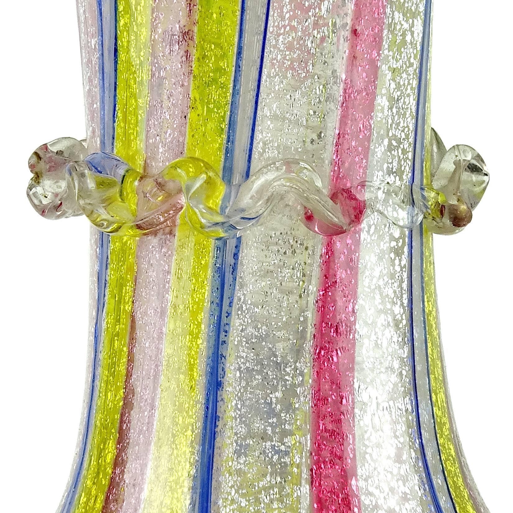 Salviati Artisti Barovier Venetian Silver Leaf Ribbon Italian Art Glass Vase 1