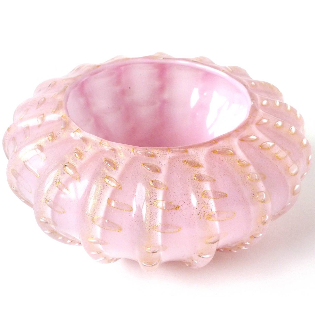 Mid-Century Modern Alfredo Barbini Murano Pink Gold Flame Top Italian Art Glass Vanity Powder Box