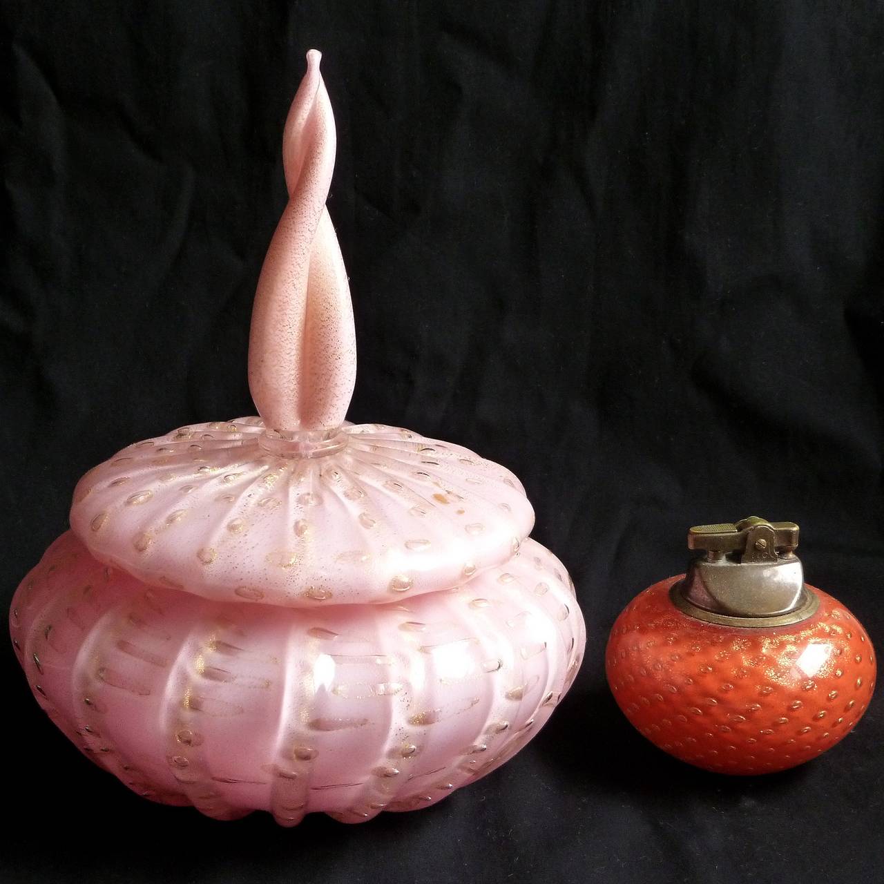 Alfredo Barbini Murano Pink Gold Flame Top Italian Art Glass Vanity Powder Box In Good Condition In Kissimmee, FL