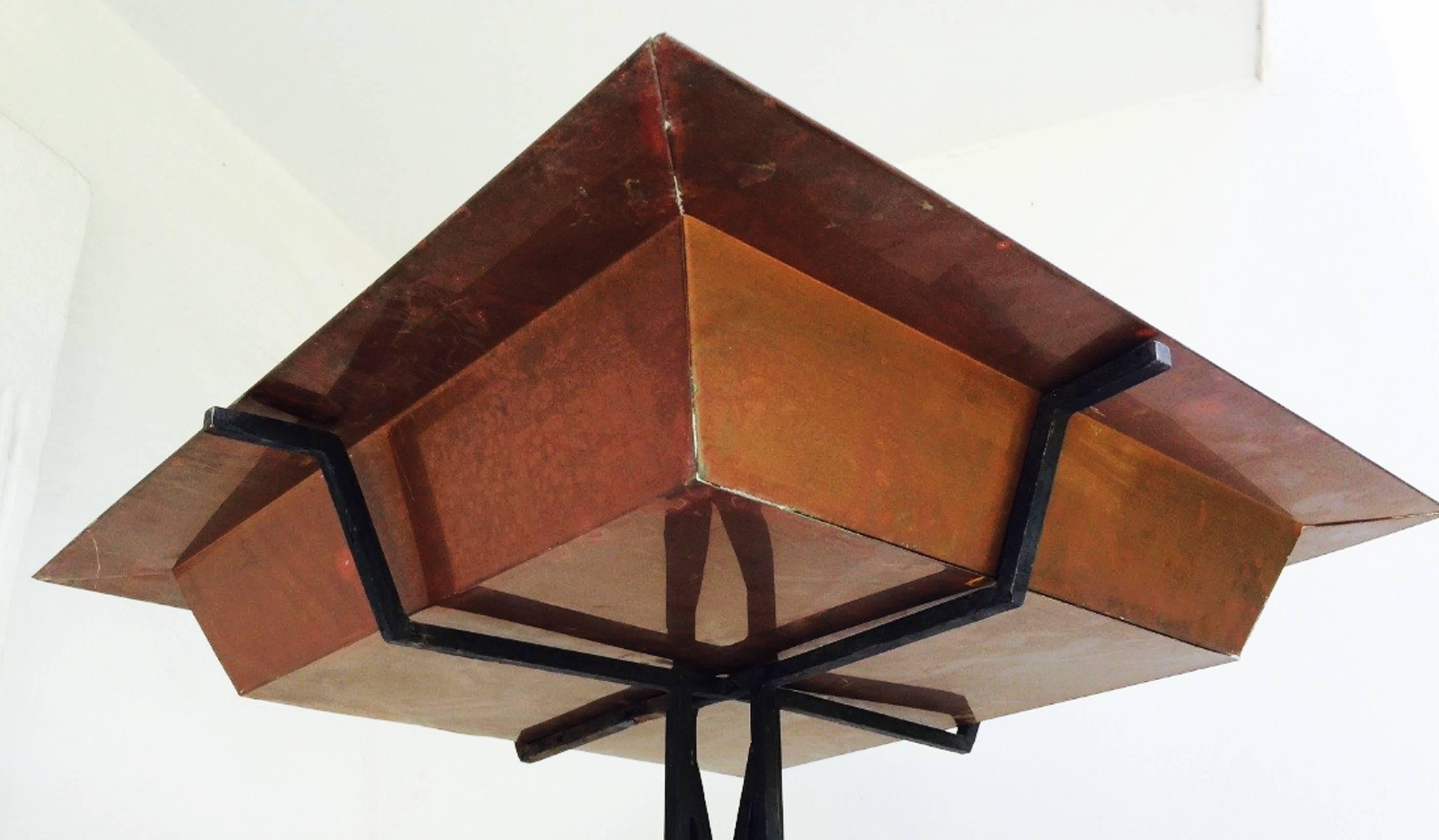 A rare and monumental wrought iron and copper plant stand for the Arizona Biltmore Hotel, Phoenix Arizona, 1929. Original item designed by Warren McArthur with consultations by Frank Lloyd Wright for the lobby of the iconic Biltmore Hotel. A