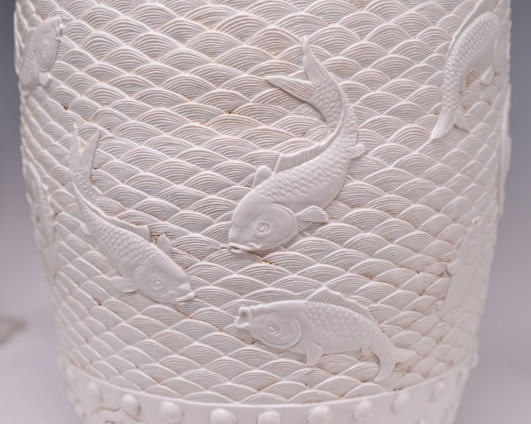 Pair of Fine Carved Blanc-de-chine Porcelain Stools For Sale 1