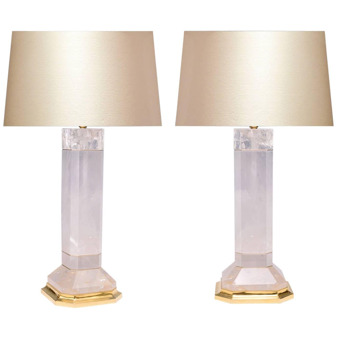 Pair of Octagon Column Form Rock Crystal Quartz Lamps For Sale