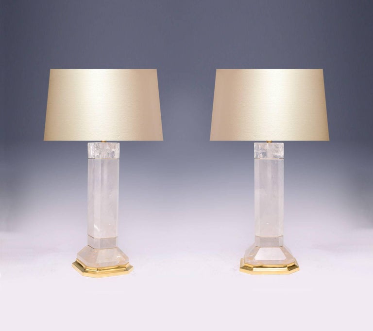 A fine carved octagon column-form rock crystal quartz lamp with polish brass insert and base.
Available in nickel plating and antique brass finished.
To the top of the rock crystal: 15.55
