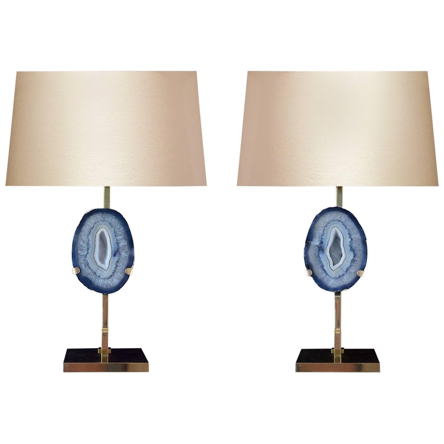 Paire de rares lampes en agate aqua