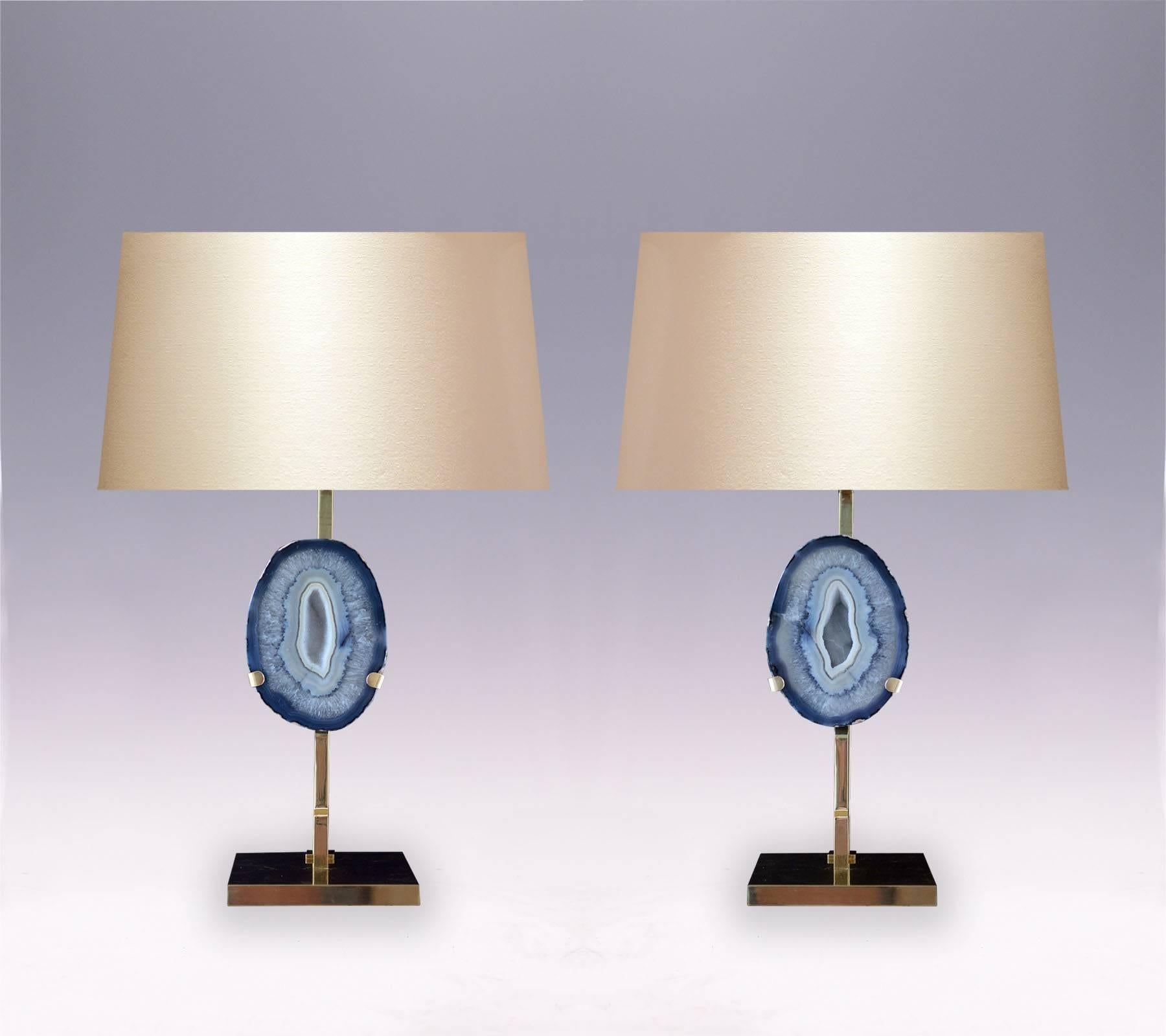 A pair of natural aqua color agate lamps with amazing patterns, with polished brass mount.
(Lampshade not included).
 