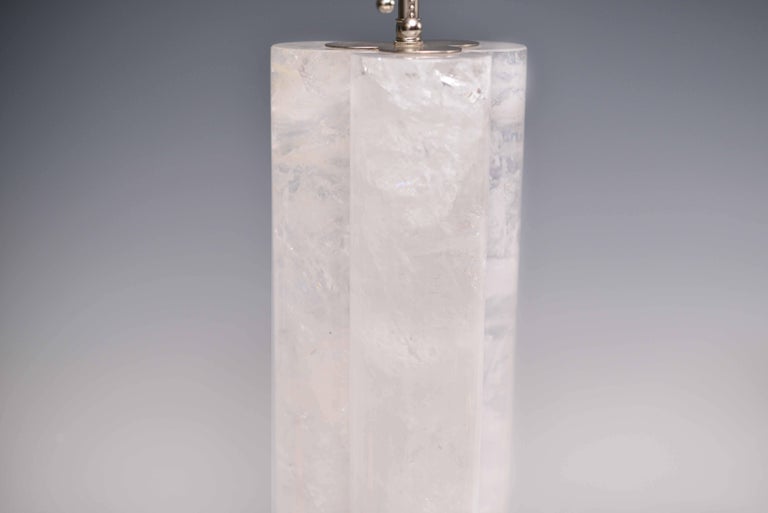 Pair of tri-column rock crystal quartz lamps with burnish nickel bases, created by Phoenix gallery, NYC.
To the rock crystal: 17