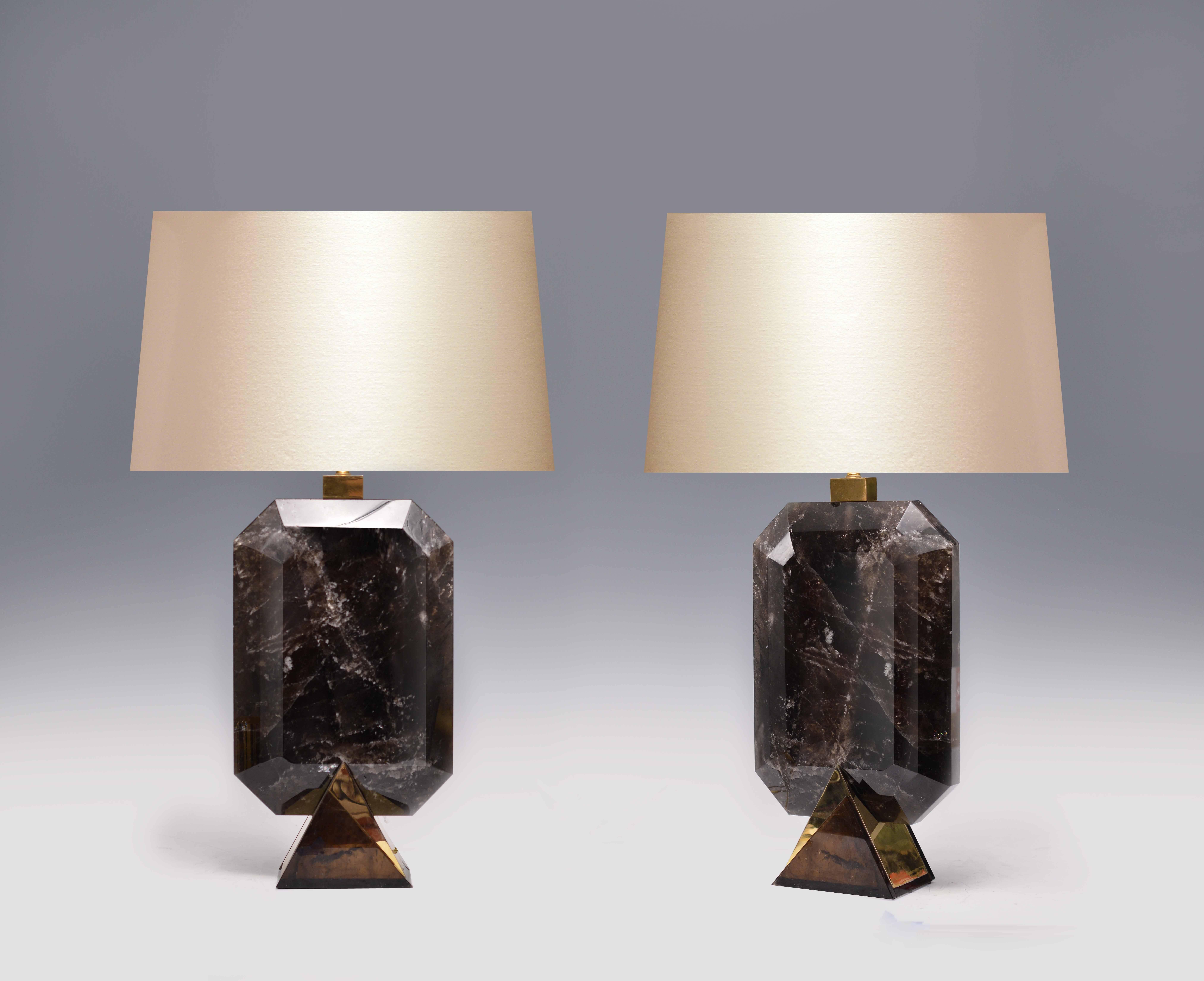 A fine carved diamond form smoky rock crystal quartz lamp with polish bronze base, created by Phoenix
To the rock crystal: 13.25